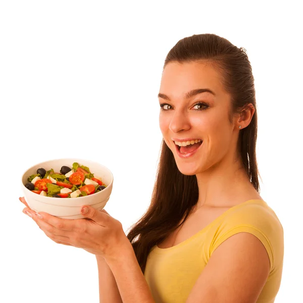 Beautiful asian caucasian woman with a white bowl of mixed salad — Stock Photo, Image