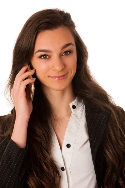 Gyönyörű fiatal nő beszélt a mobiltelefonján, elszigetelt, felett whi — Stock Fotó