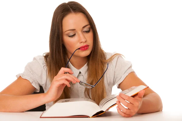 Happy asian caucasian girl lerning in study woth lots of books o — Stock Photo, Image