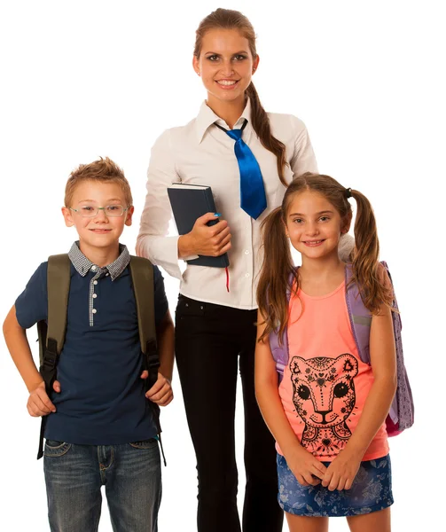 Leraar met schoolkinderen geïsoleerd op witte achtergrond — Stockfoto