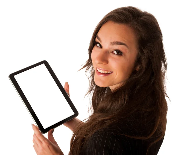 Mulher de negócios jovem bonita mostrando tablet com tela para co — Fotografia de Stock