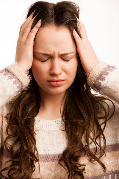 Asian caucasian woman having a head ache - girl with pain in hea — Stock Photo, Image