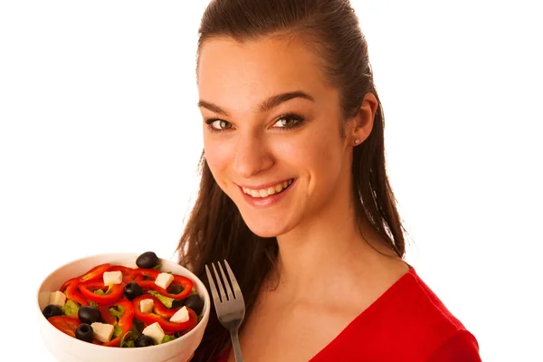 Mooie Aziatische Kaukasische vrouw met een witte kom van gemengde salade — Stockfoto