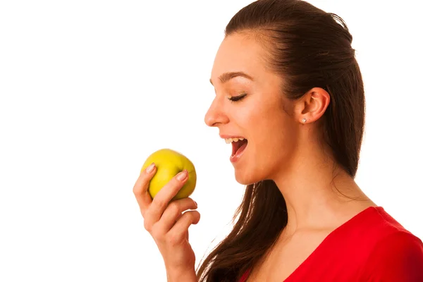 Beautiful happy asian caucasian woman in red t shirt holding gre — Stock Photo, Image