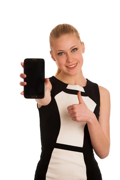 Beautiful young caucasian business woman with smartphone communi — Stock Photo, Image