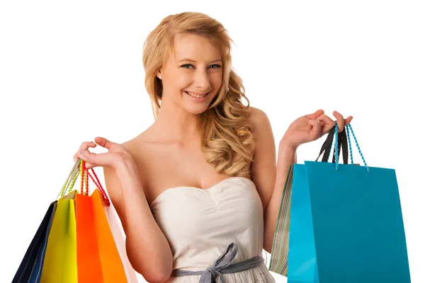 活気のあるショッピングを保持している美しい若い金髪白人女性 — ストック写真