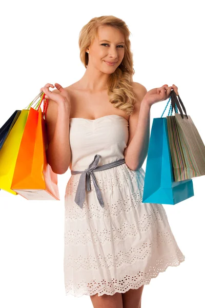 Güzel genç sarışın beyaz kadın canlı alışveriş holding — Stok fotoğraf