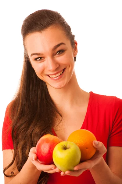 Beautiful happy asian caucasian woman in red t shirt holding app — Stock Photo, Image