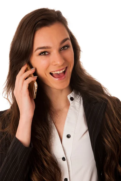 Hermosa mujer joven hablando en un teléfono celular aislado sobre whi —  Fotos de Stock