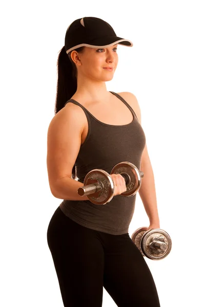 Mulher bonita trabalhando fora com bonecos no ginásio de fitness — Fotografia de Stock