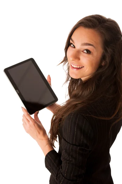 Beautiful young business woman showing tablet with screen for co — Stock Photo, Image