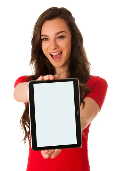 Beautiful young business woman showing tablet with screen for co — Stock Photo, Image