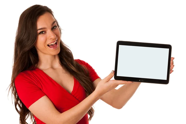 Beautiful young business woman showing tablet with screen for co — Stock Photo, Image