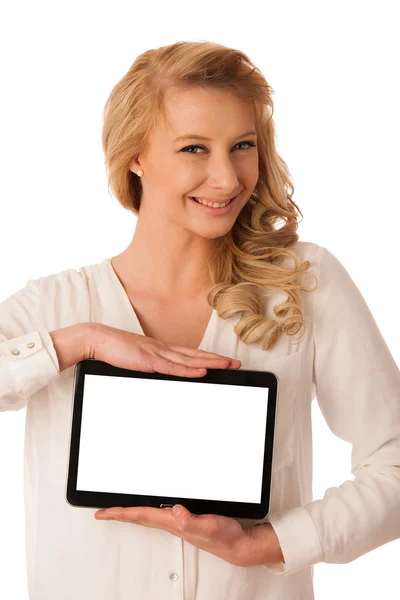 Beautiful young caucasian woman holding a tablet in her hand iso — Stock Photo, Image