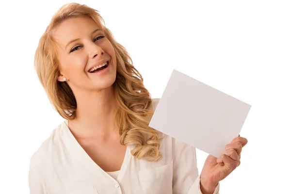 Beautiful young caucasian business woman holding a blank white b — Stock Photo, Image