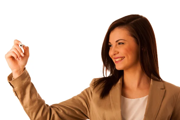 Feliz sonriente alegre hermosa joven mujer de negocios escribiendo o — Foto de Stock