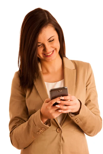 Beauty woman using and reading a smart phone isolated on a white — Stock Photo, Image