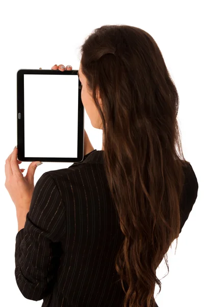 Güzel genç iş kadını gösteren tablet ile perde için co — Stok fotoğraf
