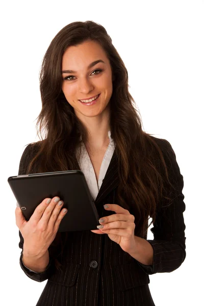 Schöne junge Geschäftsfrau blickt auf Tablet-Gestik Erfolg — Stockfoto