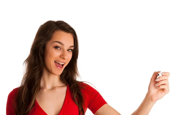 Feliz sonriente alegre hermosa joven mujer de negocios escribiendo o — Foto de Stock