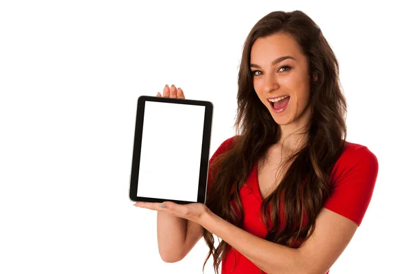 Beautiful young business woman showing tablet with screen for co — Stock Photo, Image