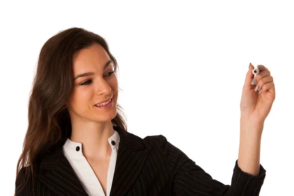 Gelukkig lachend vrolijke mooie jonge zakenvrouw schrijven of — Stockfoto