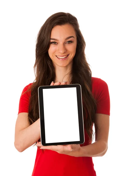 Beautiful young business woman showing tablet with screen for co — Stock Photo, Image