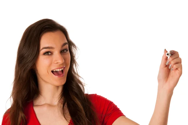 Feliz sorrindo alegre bela jovem mulher de negócios escrevendo ou — Fotografia de Stock