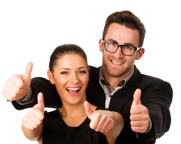 Confident business couple standing next to each other and showin — Stock Photo, Image