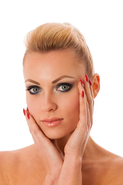 Portrait of woman with perfect makeup gesturing with hands purit — Stock Photo, Image