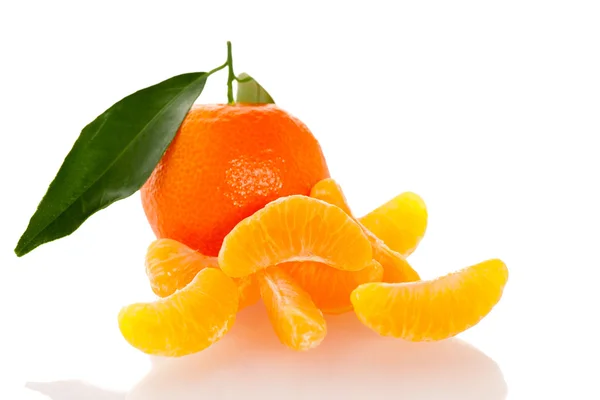 Frische, ungeschälte Orangen-Mandarinen-Zitrusfrüchte mit grünen Blättern — Stockfoto