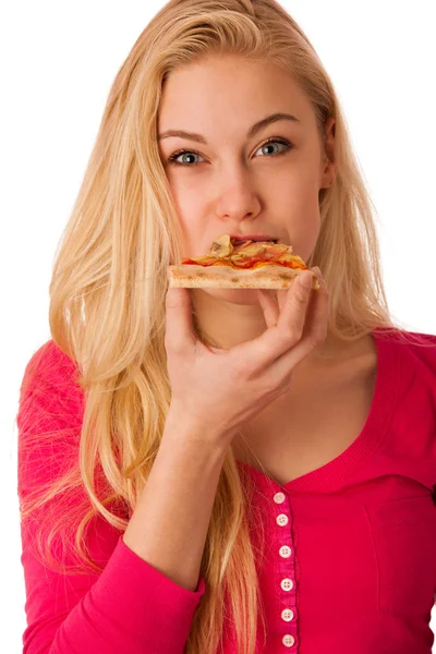 Mulher com fatia de pizza deliciosa, mal posso esperar para morder nele . — Fotografia de Stock