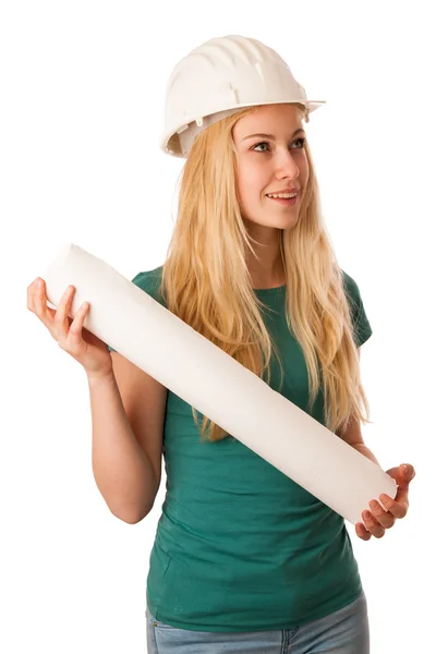 Mujer con casco de constructor y plan de construcción feliz de hacer —  Fotos de Stock