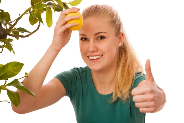 Sarışın kadın organik olarak yetiştirilen limon ağacı büyük, sarı limondan hasat. — Stok fotoğraf