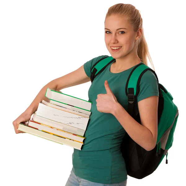 Blondynka studenta z stos książek i plecak, z przyjemnością się wiedzy — Zdjęcie stockowe