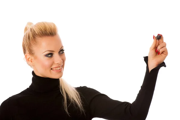 Woman writing encouraging success message with marker on transpa — Stock Photo, Image