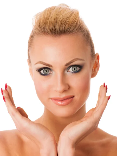 Portræt af kvinde med perfekt makeup gestus med hænderne purit - Stock-foto