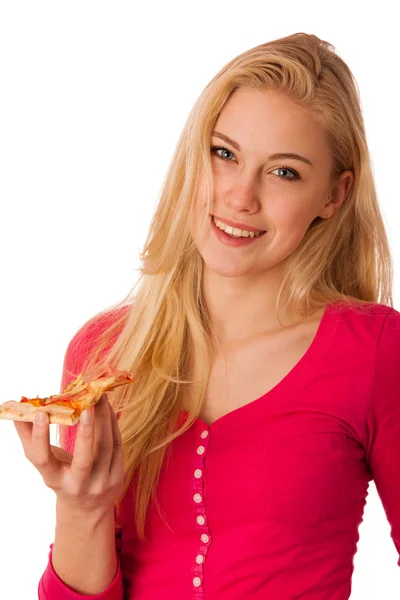 Mulher com fatia de pizza deliciosa, mal posso esperar para morder nele . — Fotografia de Stock