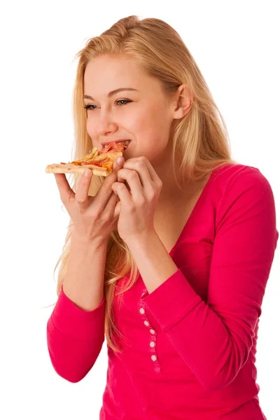 Mulher com fatia de pizza deliciosa, mal posso esperar para morder nele . — Fotografia de Stock