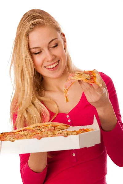 Mujer con pizza grande en caja de cartón no puede esperar a comerla . —  Fotos de Stock