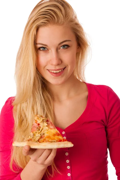 Woman with slice of delicious pizza, can't wait to bite in it. Stock Photo