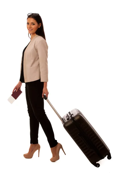 Woman with suitcase going on a business trip. — Stock Photo, Image