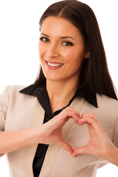 Woman gesturing love and passion with hands in heart shape. — Stock Photo, Image