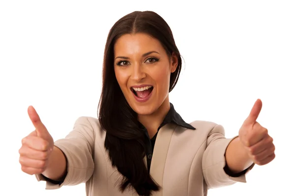 Vrouw gebaren succes met duimen omhoog en grote happy smile. — Stockfoto