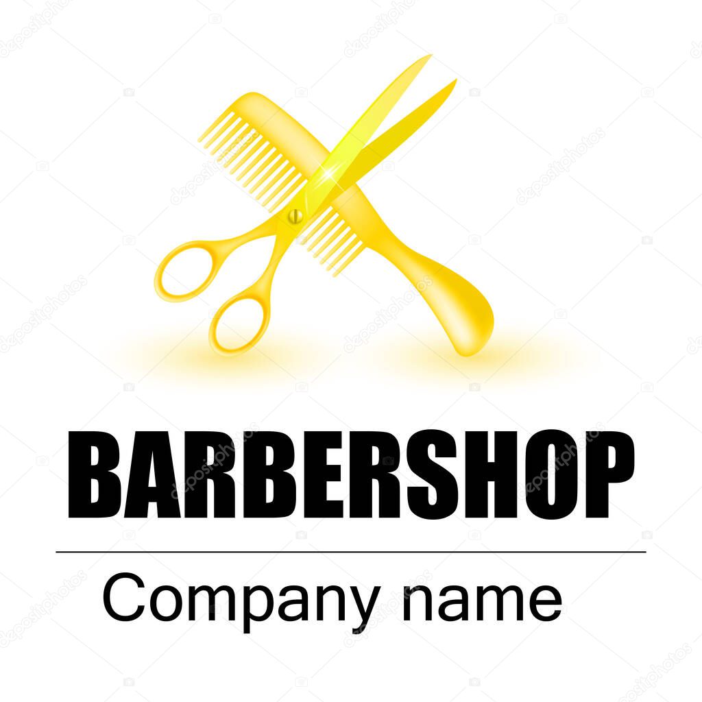 Gold vector logo barbershop isolated on a cream background. Realistic vector illustration.