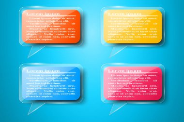 Cam ikonlar üzerinde gerçekçi dikdörtgen metin afişi. Renkli konuşma kabarcığı vektörü ayarlandı. İş bilgisi grafikleri.