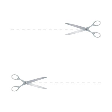 Beyaz arkaplanda kesik çizgili gerçekçi çelik makas.