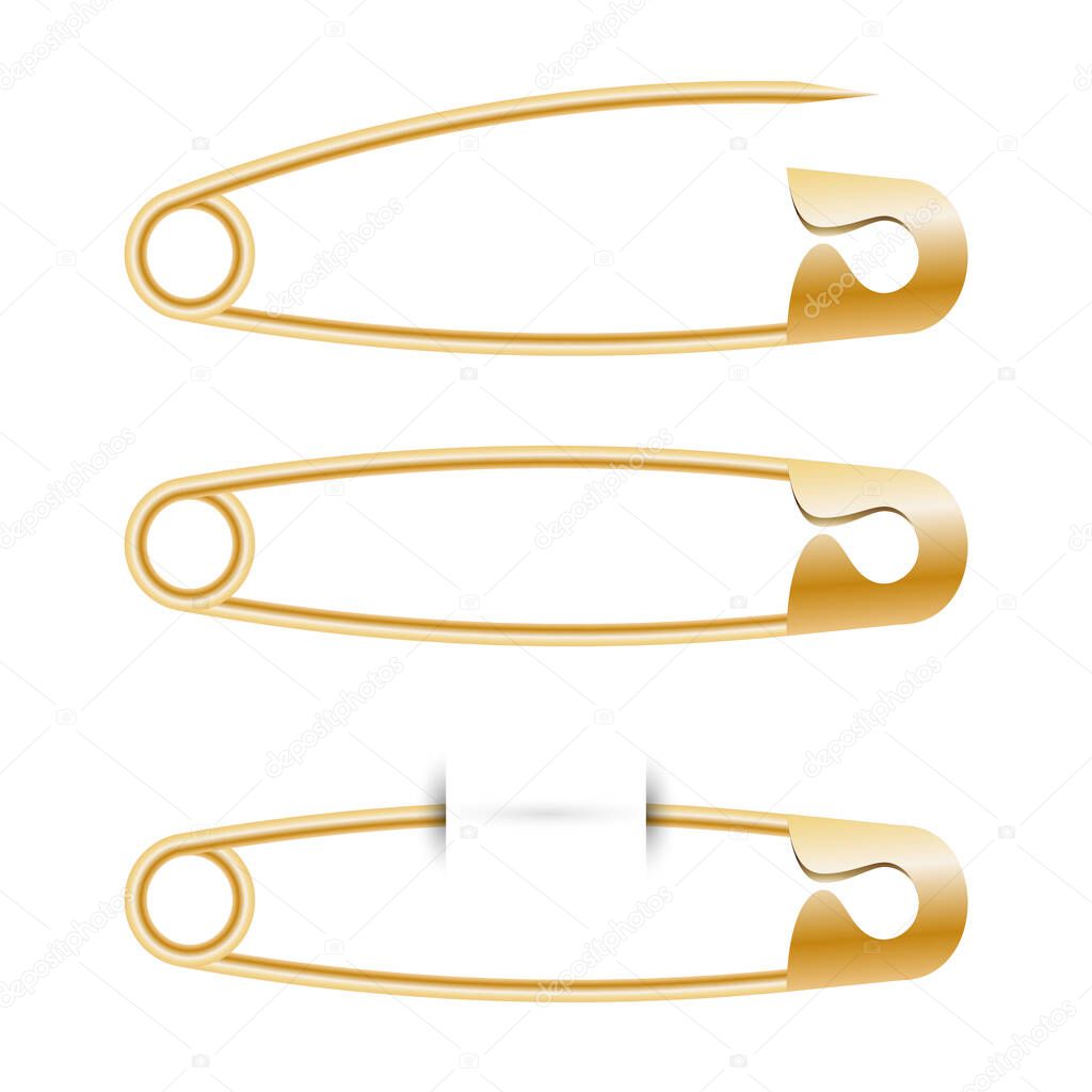 Vector gold pin set isolated on white background set. Realistic vector illustration.