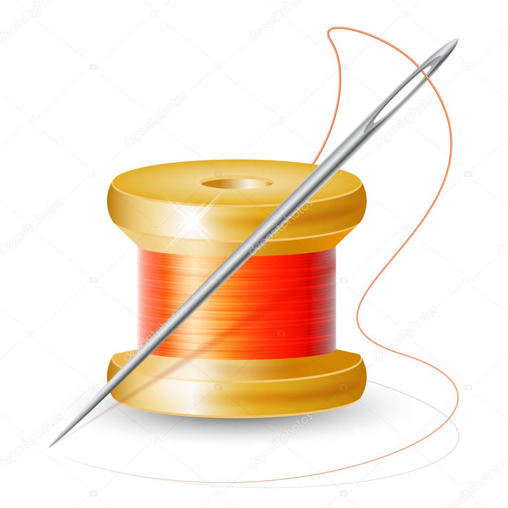 Realistic spool of thread with a needle on an isolated white background