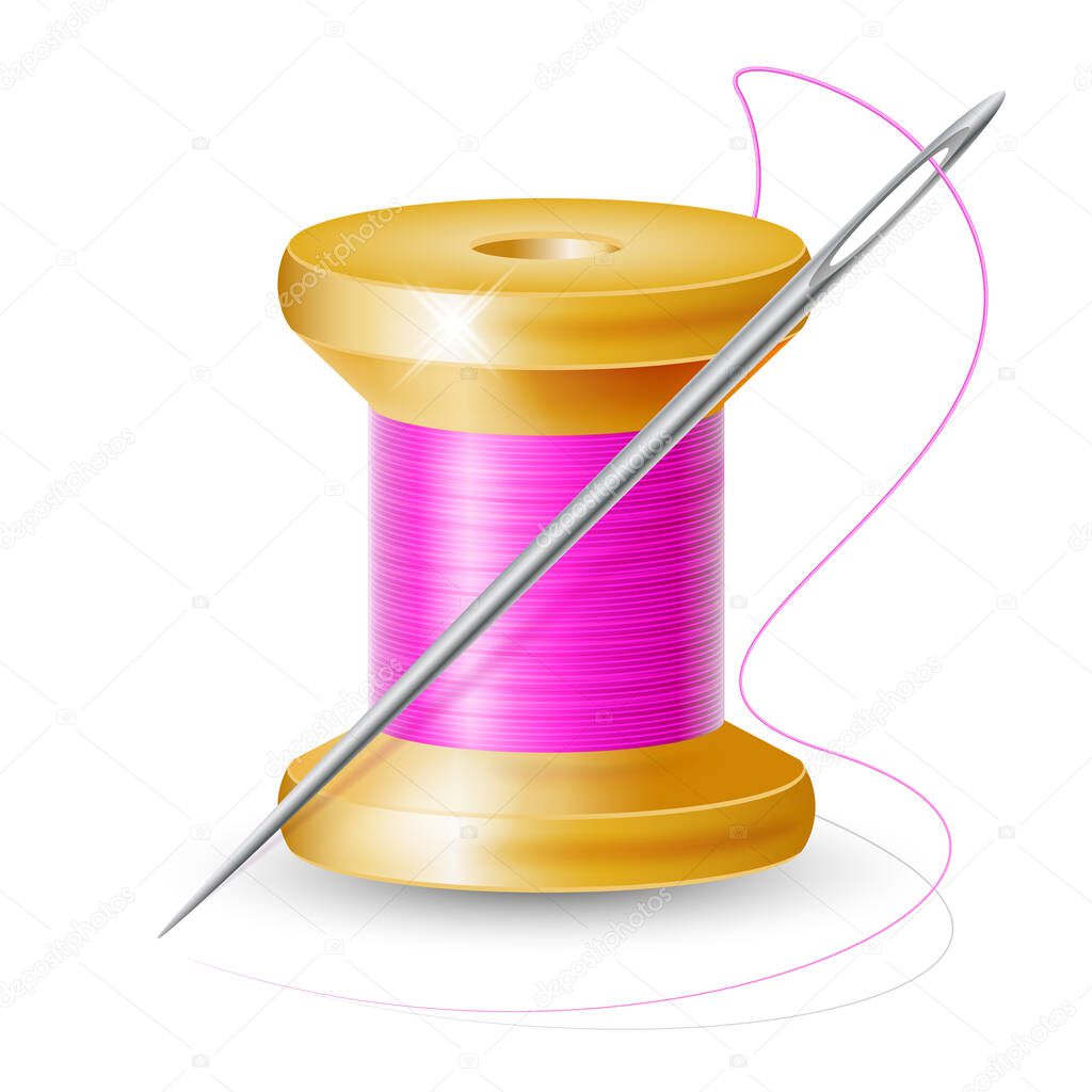 Realistic spool of thread with a needle on an isolated white background